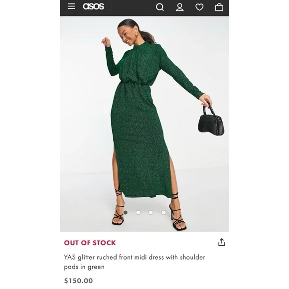 Y.A.S. NWT Green Glitter Long Sleeve Ruched Front Midi Dress XXL - Picture 2 of 16